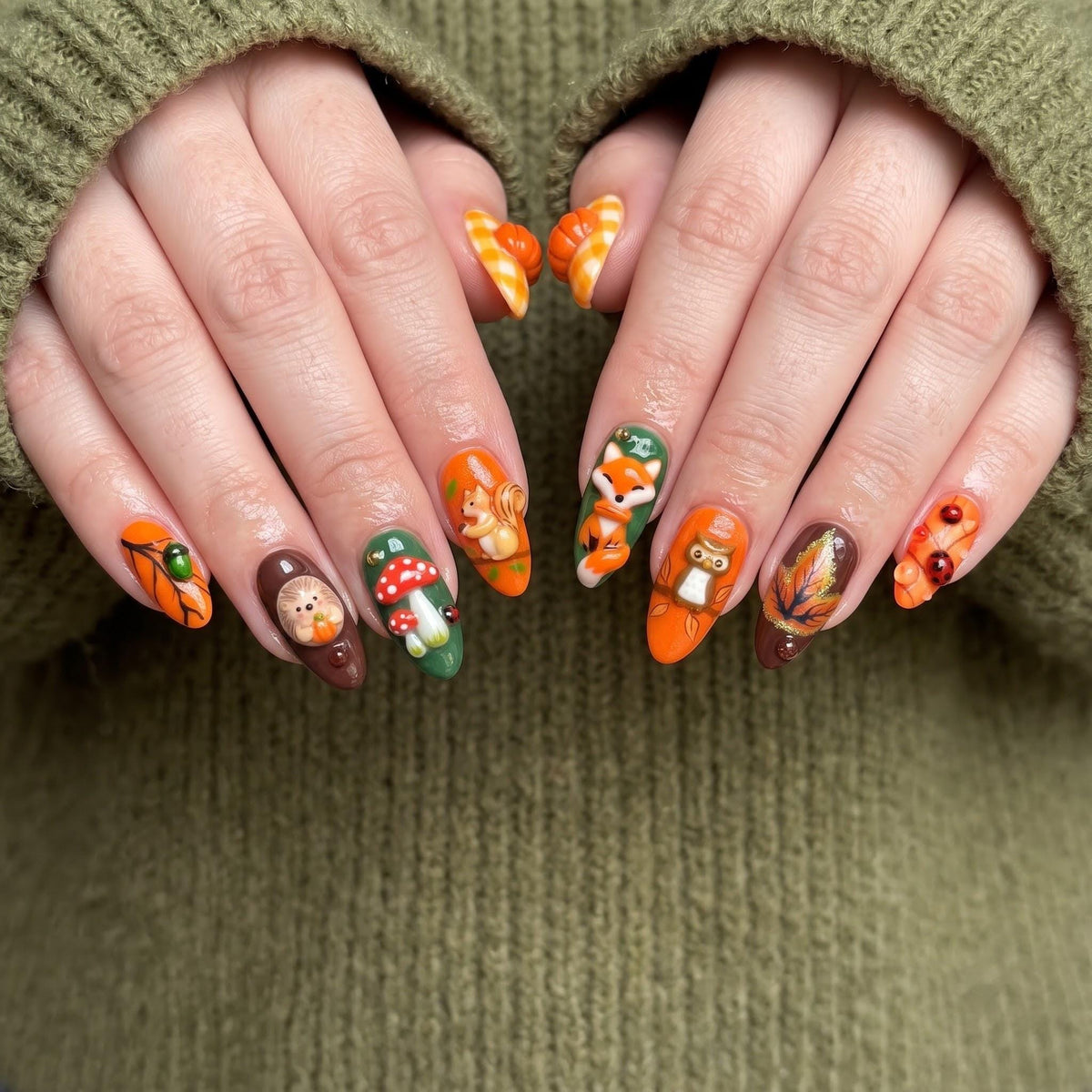 Fall Woodland Animal Press On Nails With Pumpkins, Plaid, Leaves, and 3D Details