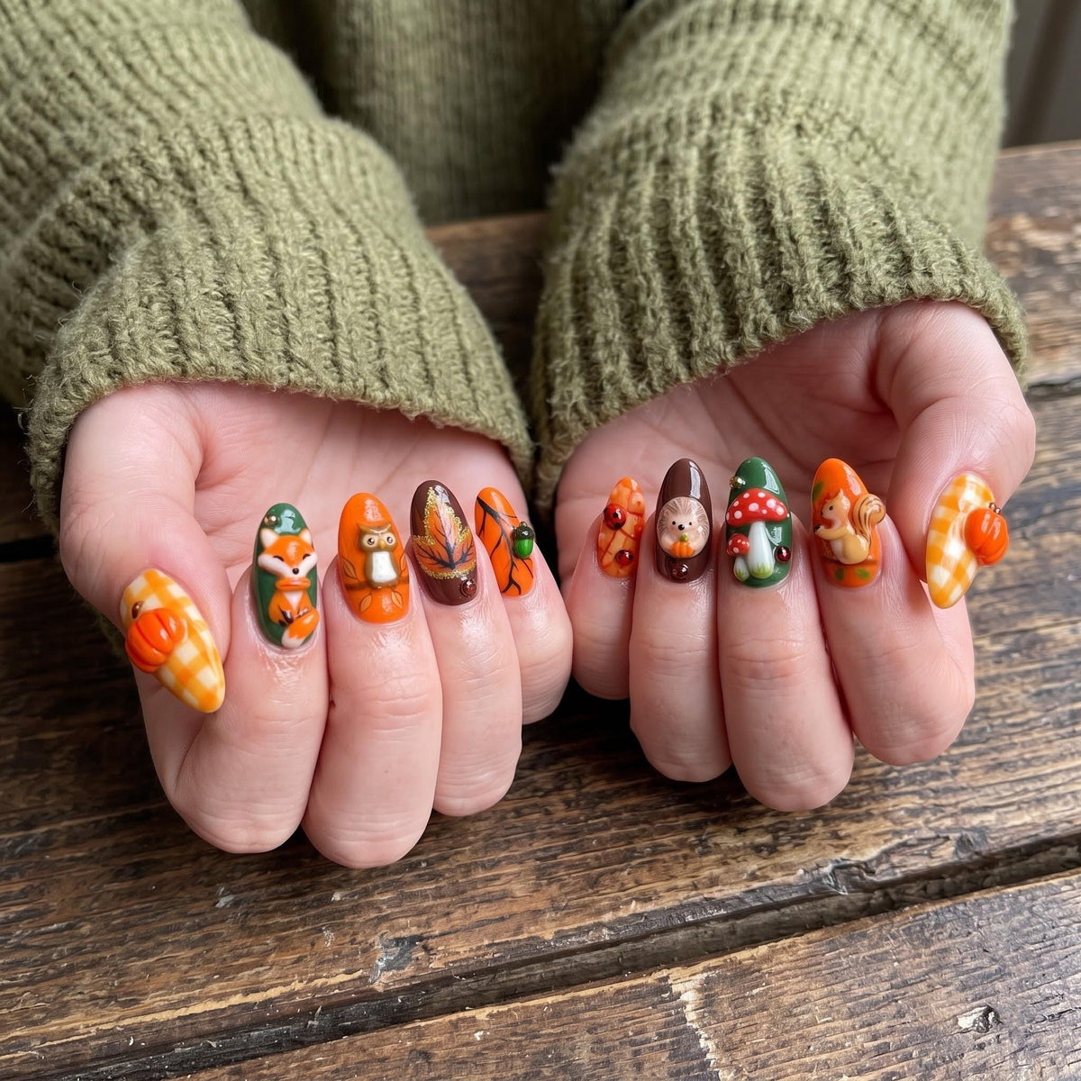 Fall Woodland Animal Press On Nails With Pumpkins, Plaid, Leaves, and 3D Details