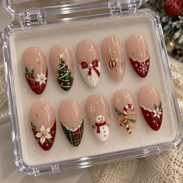 Festive Christmas Nails With Plaid, Snowflakes, Holly, Bow and Holiday Motifs