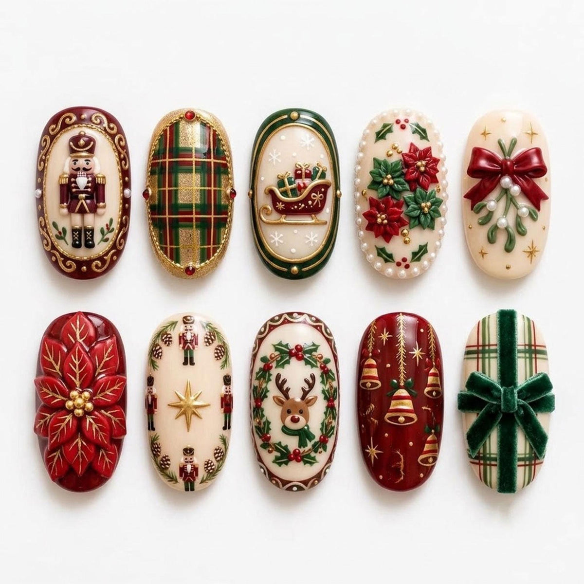 Festive Christmas Nutcracker, Plaid, and Poinsettia Nail Set
