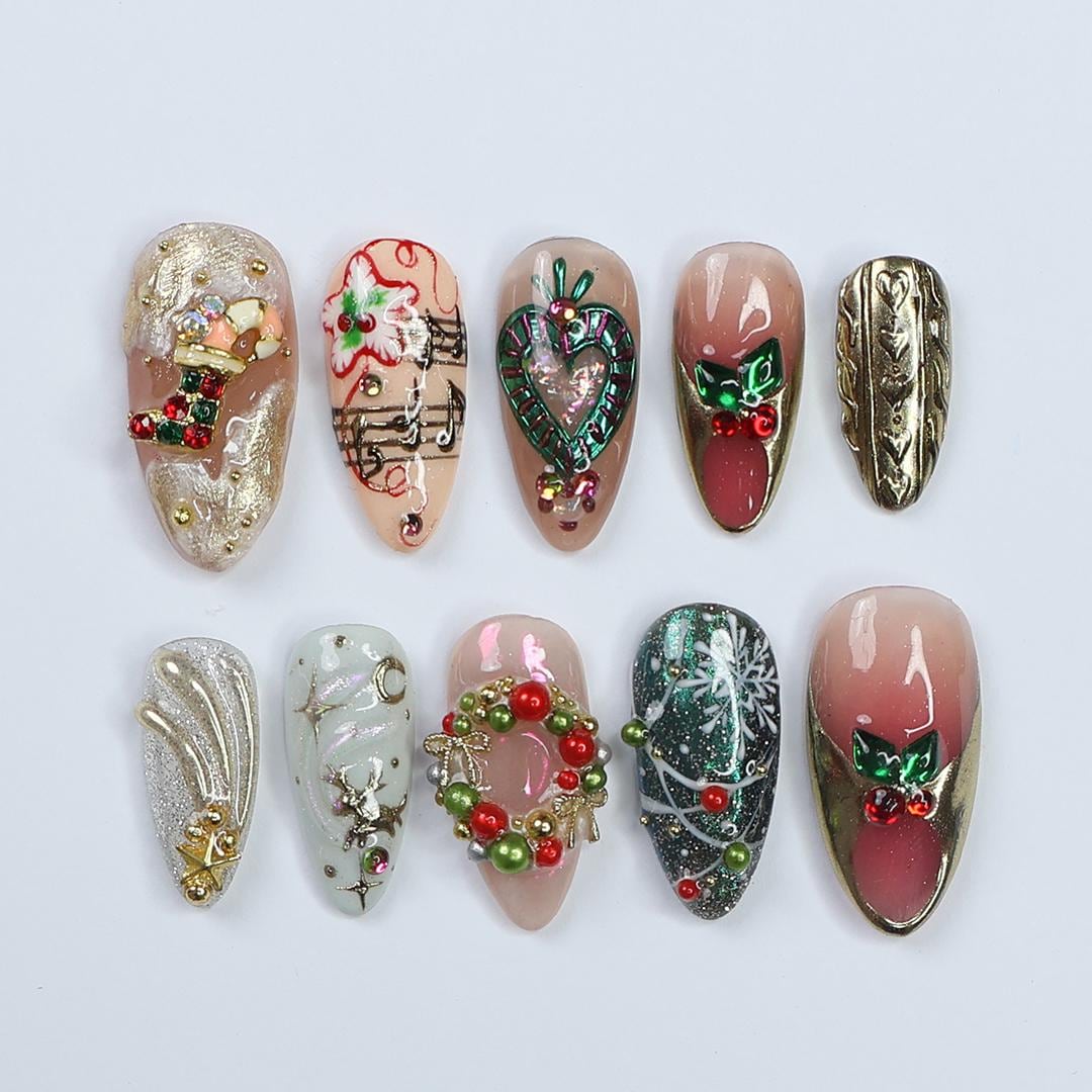 Festive Christmas Press-On Nails with Holly, Beaded Wreath, Music Notes and Gold Details
