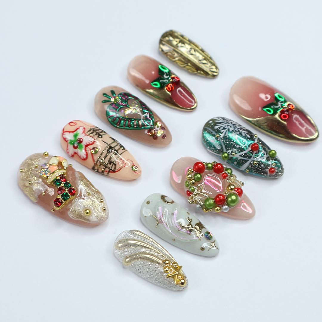 Festive Christmas Press-On Nails with Holly, Beaded Wreath, Music Notes and Gold Details