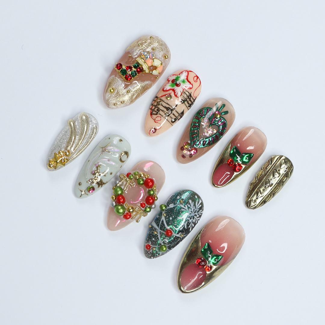 Festive Christmas Press-On Nails with Holly, Beaded Wreath, Music Notes and Gold Details