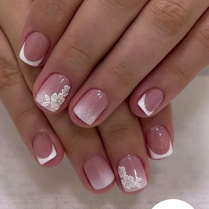 Floral French Tip Press-On Nails in Pink and Nude