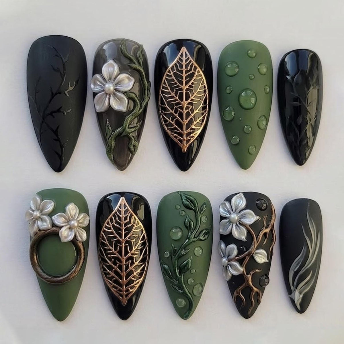 Forest Green and Black Botanical Nails with 3D White Blossoms and Gold Leaf