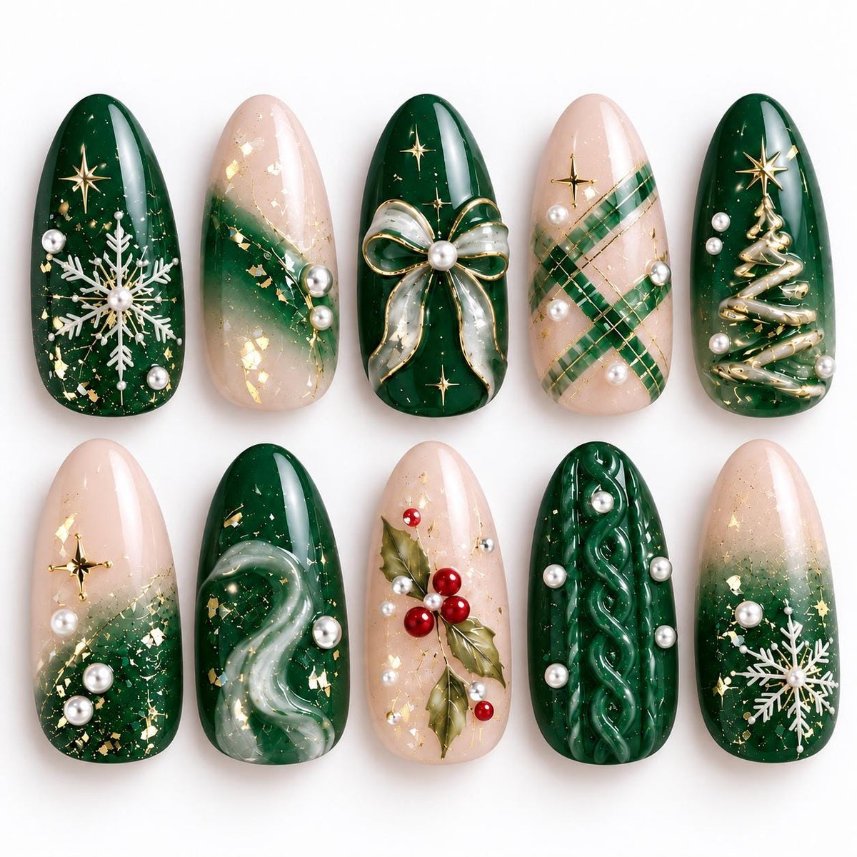 Forest Green and Blush Christmas Nails with Gold Stars, Plaid, and 3D Details