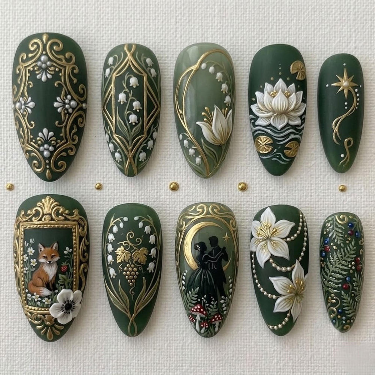 Forest Green Botanical Nails with Gold Filigree, Flowers, Fox, and Celestial Details
