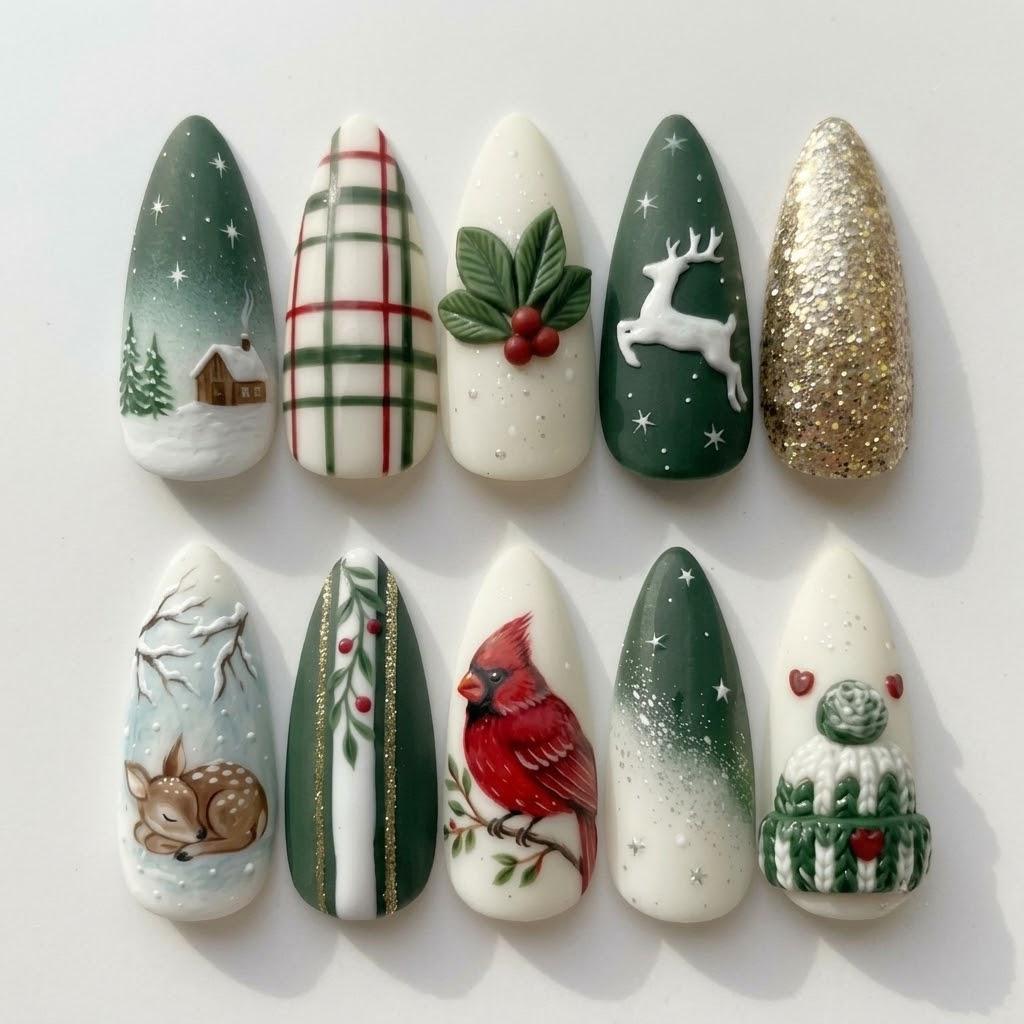 Forest Green Christmas Nails with Cardinal, Deer, Plaid and Raised Holly