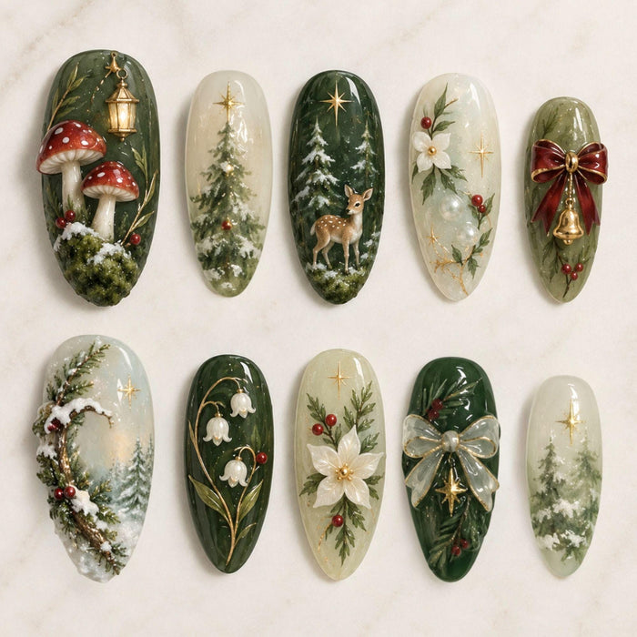 Forest Green Christmas Press On Nails With Deer, Mushrooms, Florals and Gold Stars
