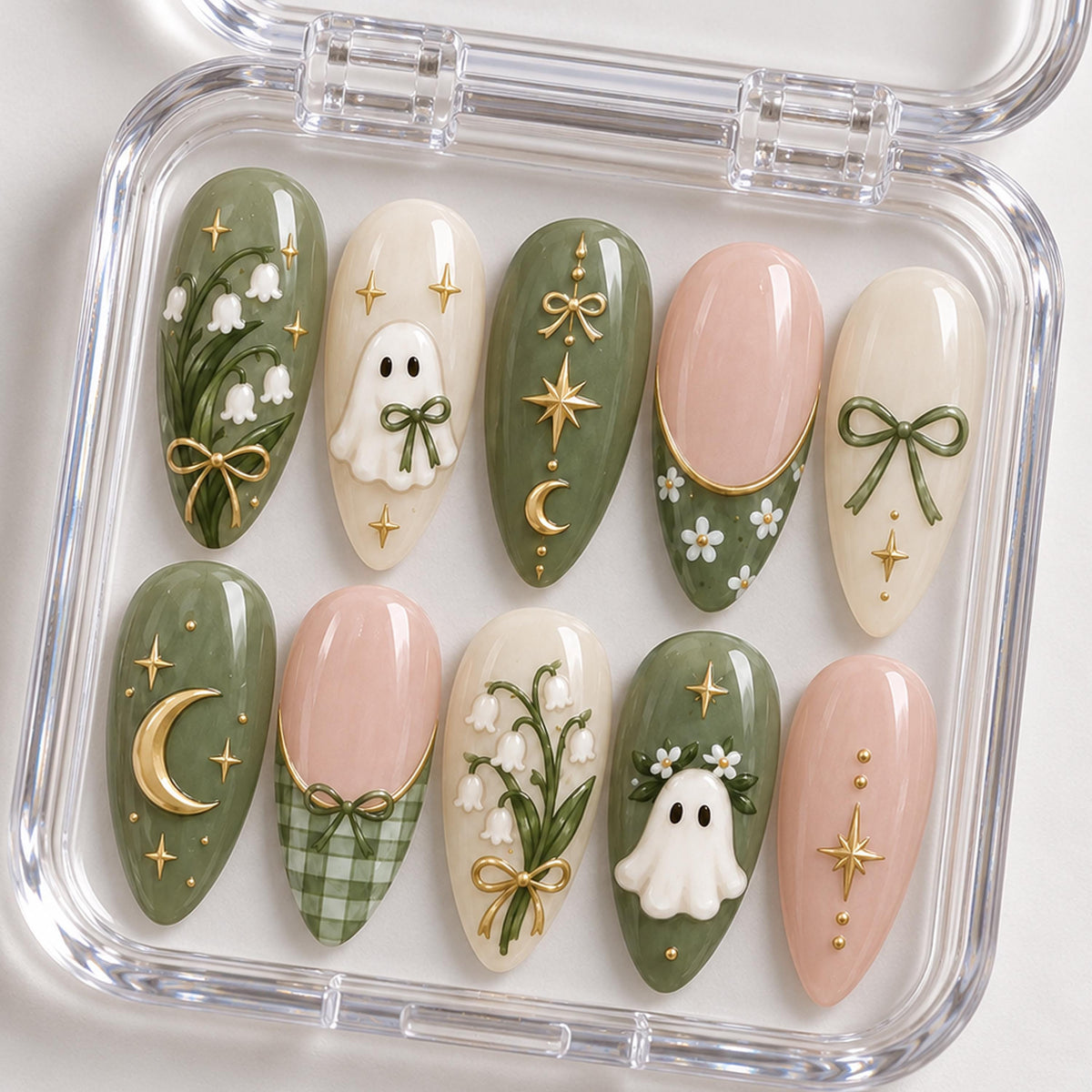 Forest Green Ghost Halloween Press-On Nails With Lily of the Valley and Celestial Details