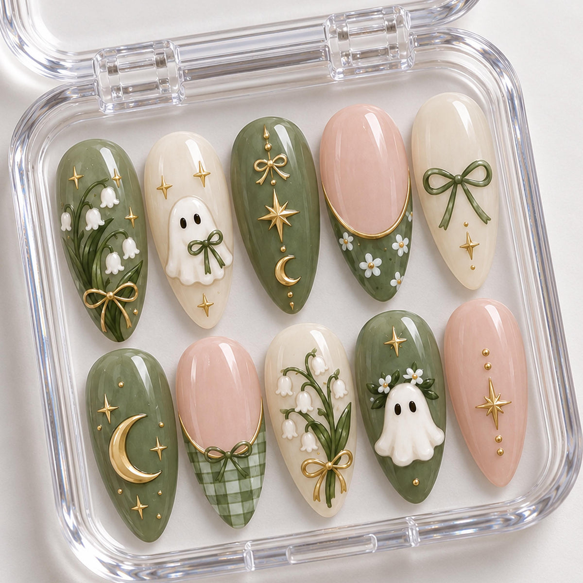 Forest Green Ghost Halloween Press-On Nails With Lily of the Valley and Celestial Details
