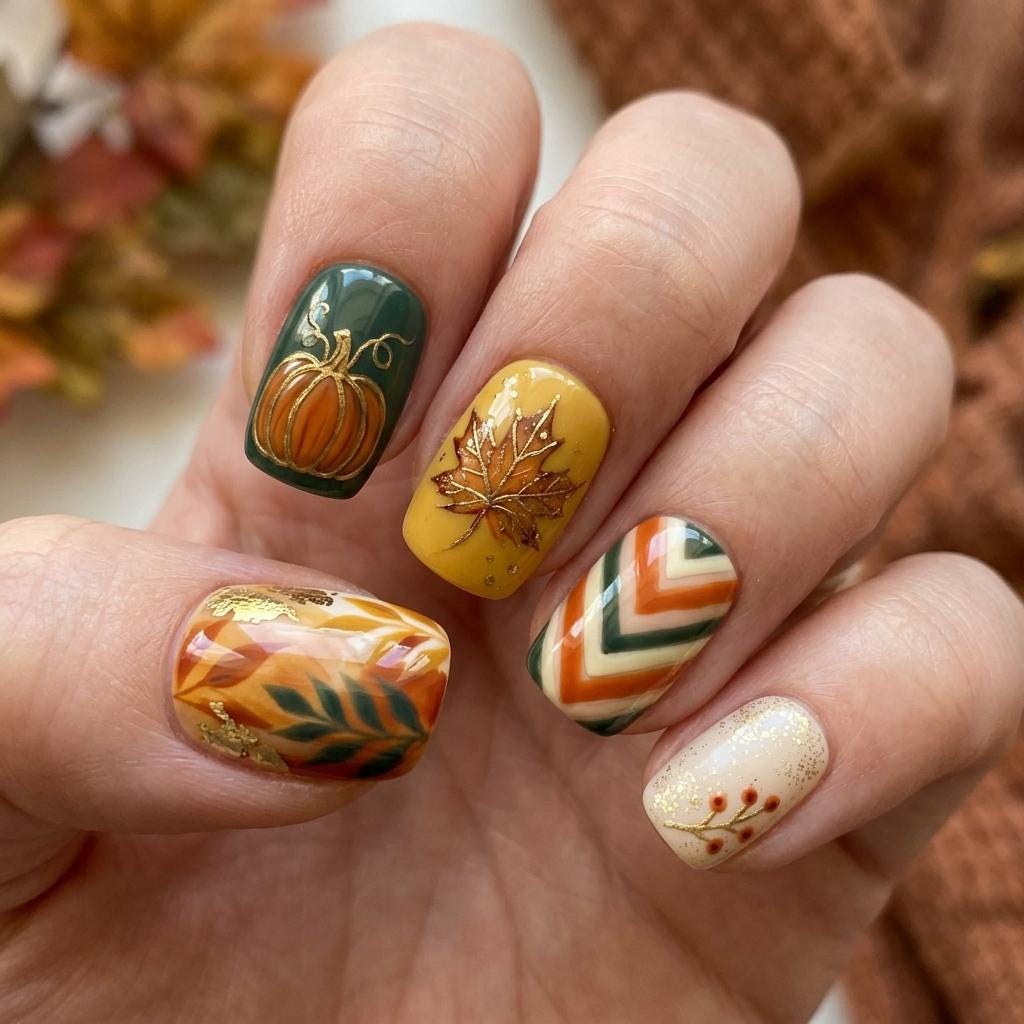 Forest Green, Mustard & Orange Fall Foliage Press-On Nail Set