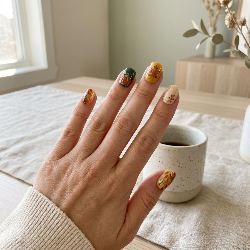 Forest Green, Mustard & Orange Fall Foliage Press-On Nail Set