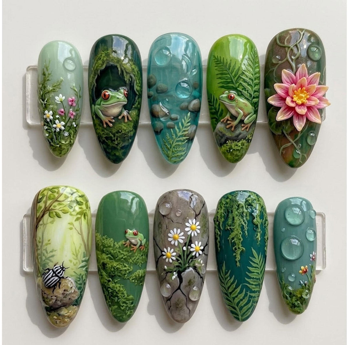 Forest Pond Press On Nails With Frogs, Ferns, Water Drops and 3D Pink Lotus