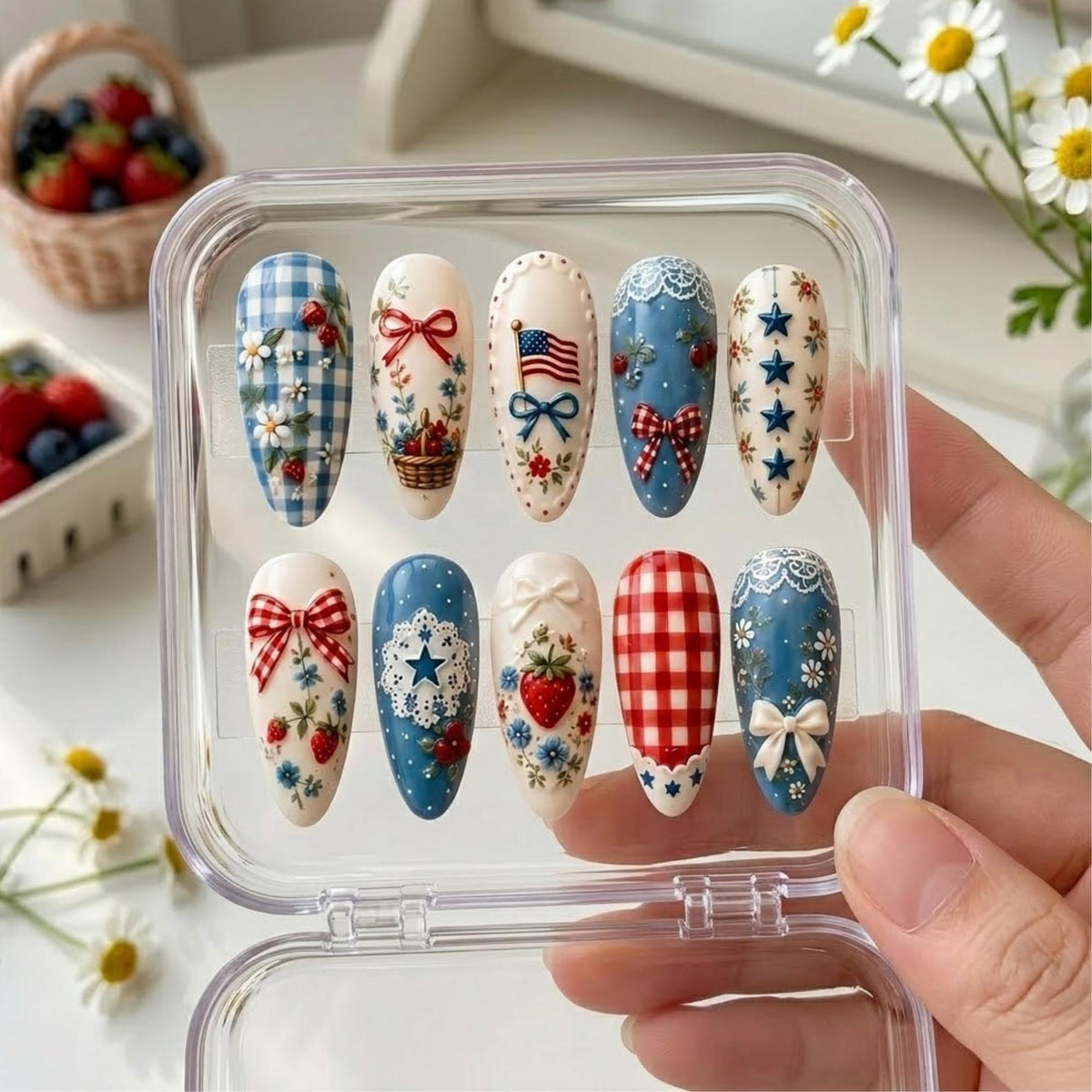Fourth of July Americana Gingham Strawberry and Bow Nail Set