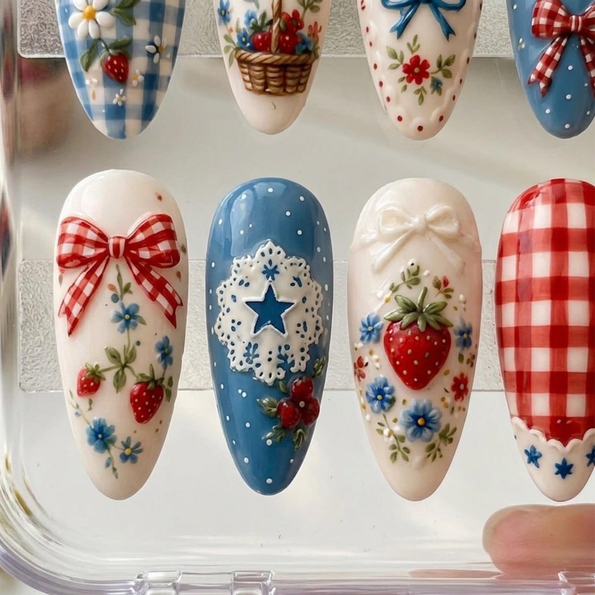 Fourth of July Americana Gingham Strawberry and Bow Nail Set
