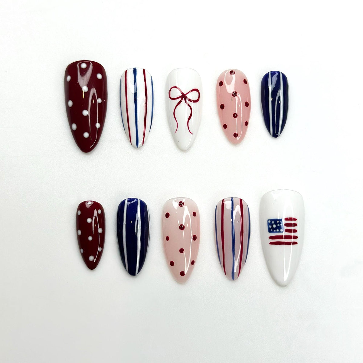 Fourth of July Patriotic Nails with Burgundy, Navy, Pink, Stripes, Dots, Bow, and Flag