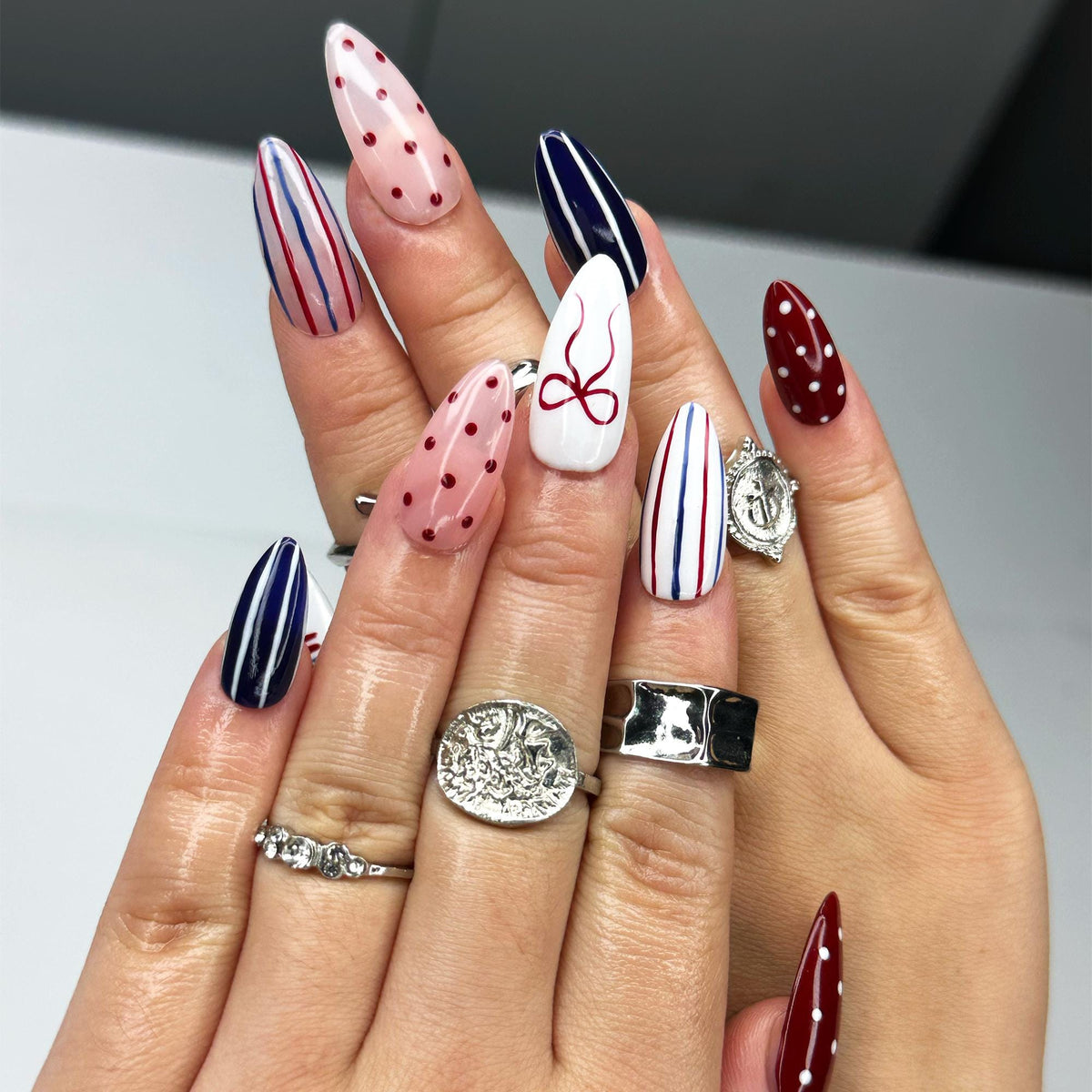 Fourth of July Patriotic Nails with Burgundy, Navy, Pink, Stripes, Dots, Bow, and Flag