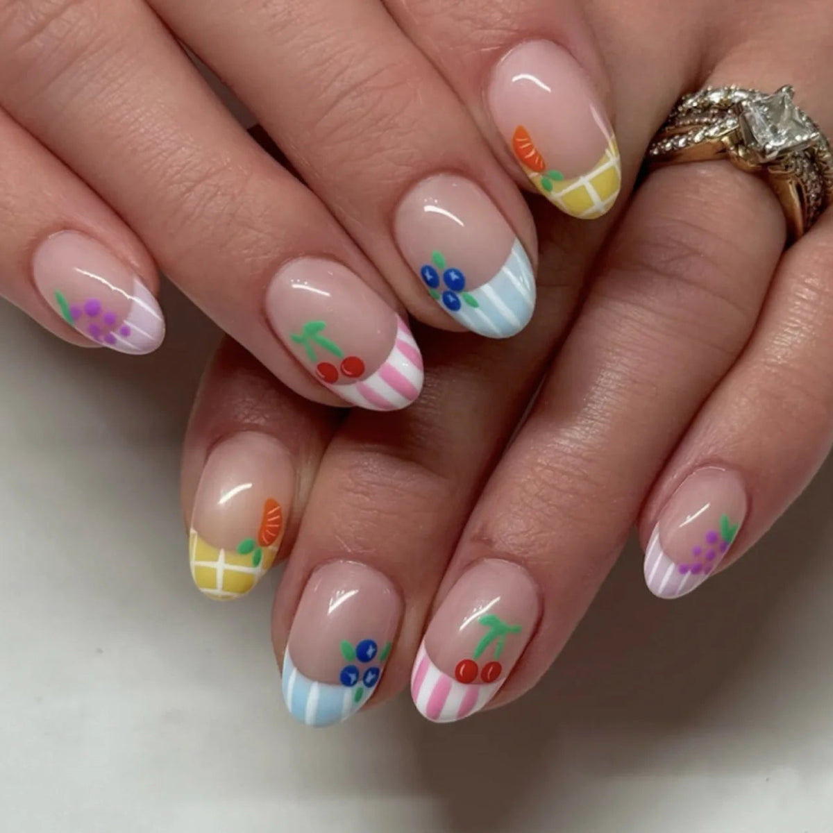 Fruit French Tip Press On Nails with Colorful Stripes and Checks