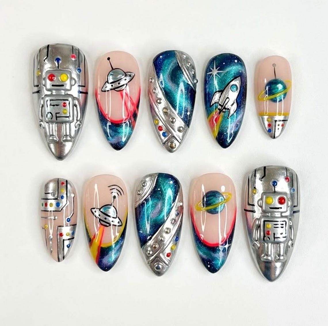 Galaxy Space Nails With 3D Robots, Flying Saucers, Rockets, and Silver Chrome Details