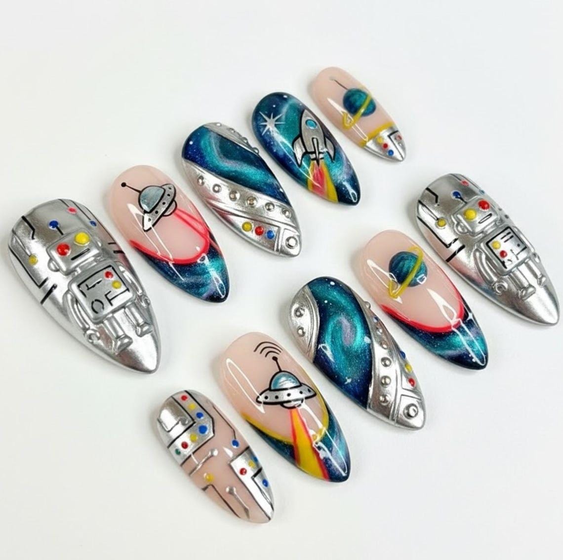 Galaxy Space Nails With 3D Robots, Flying Saucers, Rockets, and Silver Chrome Details