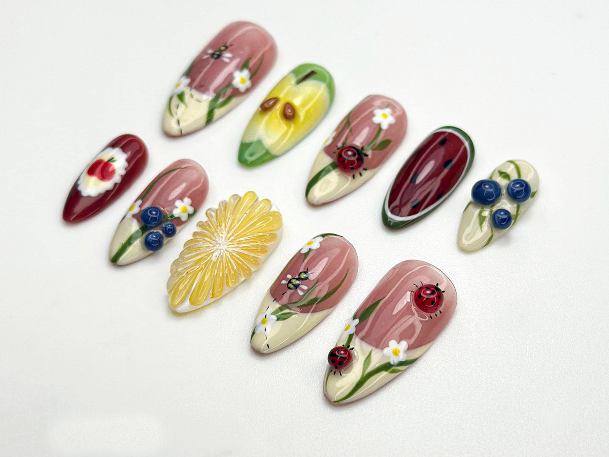 Garden Picnic Fruit and Floral Nail Set with 3D Ladybugs
