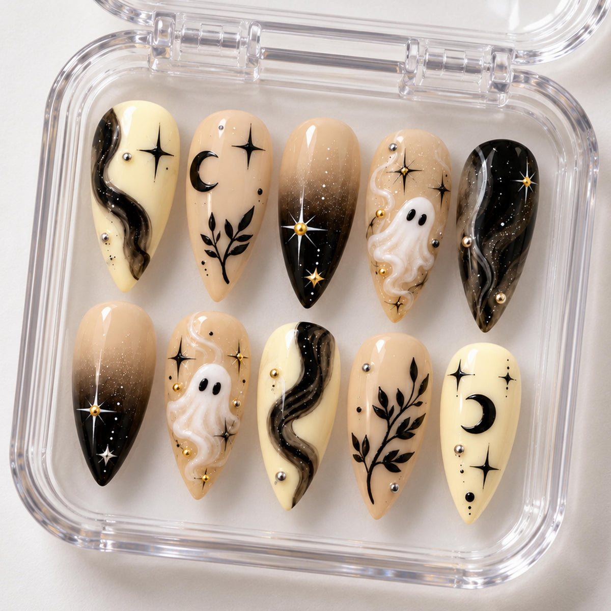 Ghost, Crescent Moon & Smoky Swirl Halloween Nail Set