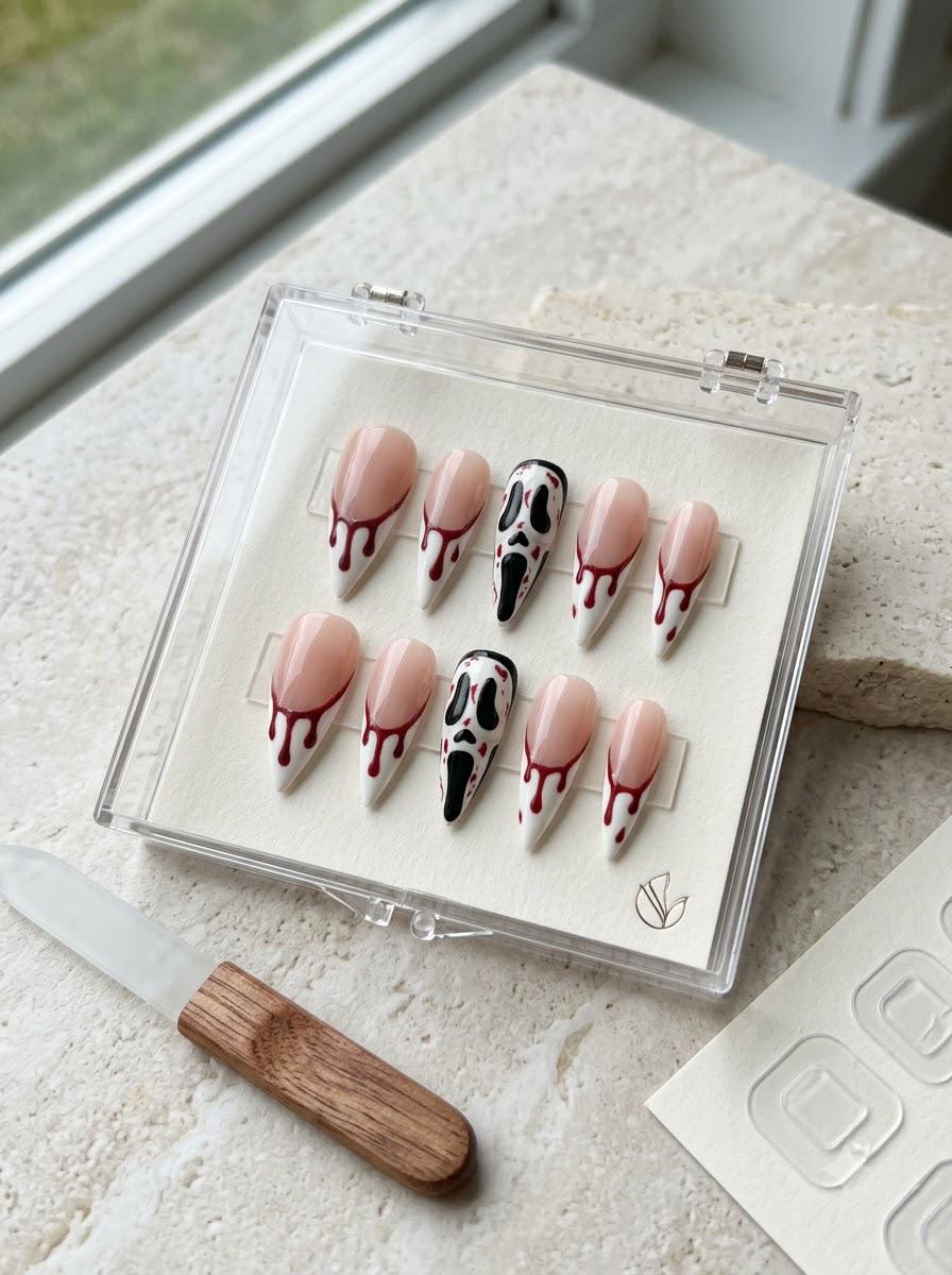 Ghostface Blood Drip French Tip Press On Nails