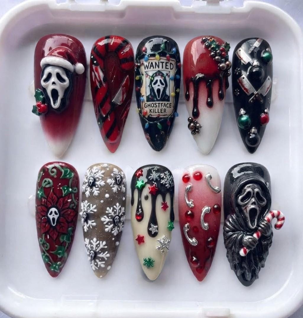 Ghostface Christmas Press-On Nail Set With 3D Masks, Blood Drips and Holiday Details