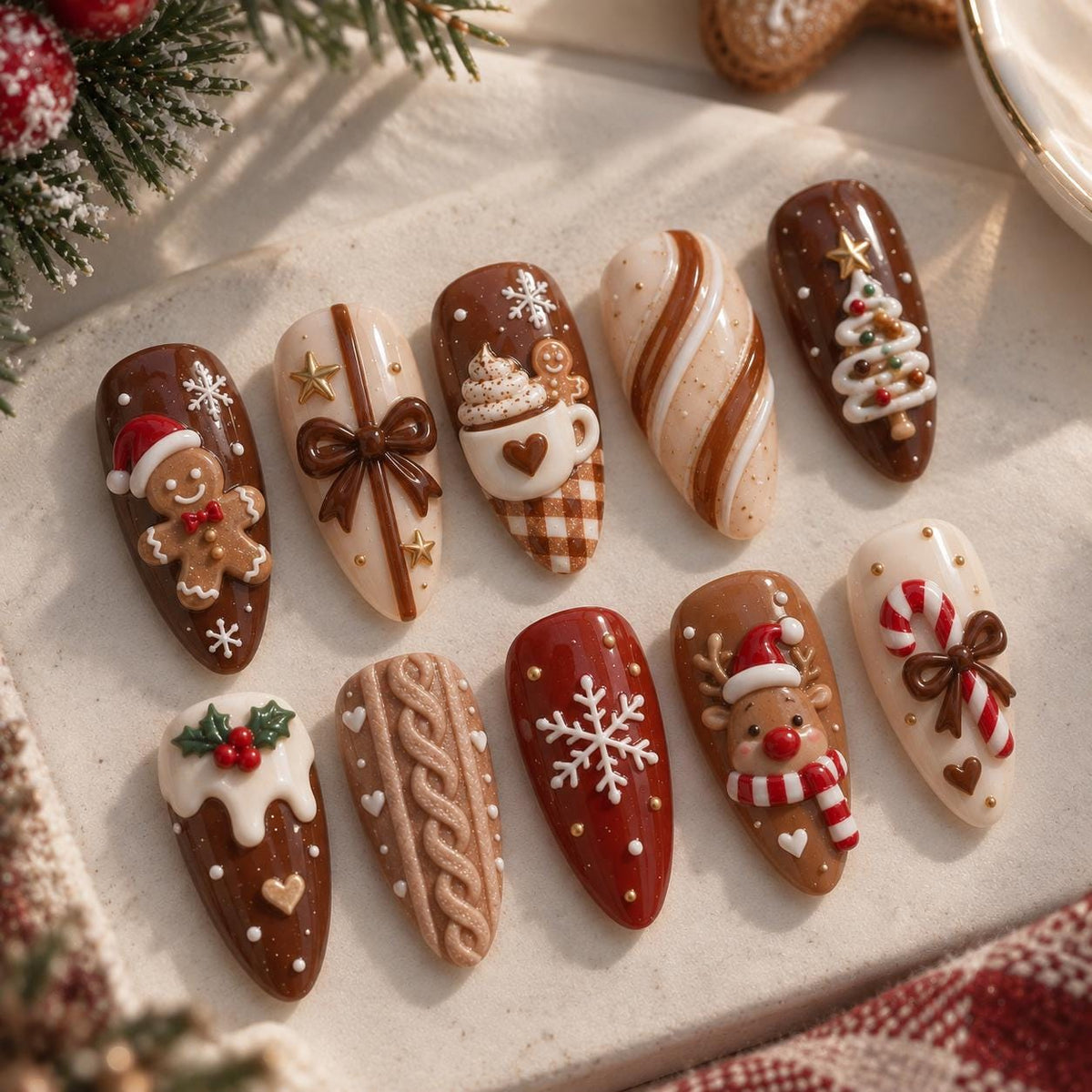 Gingerbread and Coffee Christmas Press-On Nails With Raised Holiday Details