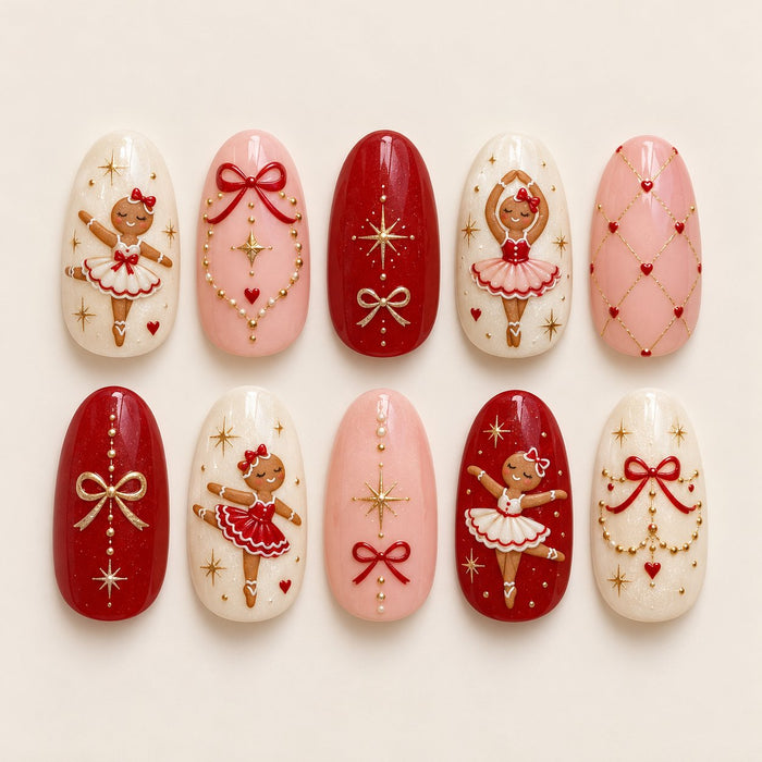 Gingerbread Ballerina Christmas Press On Nails with Bows and Gold Starbursts