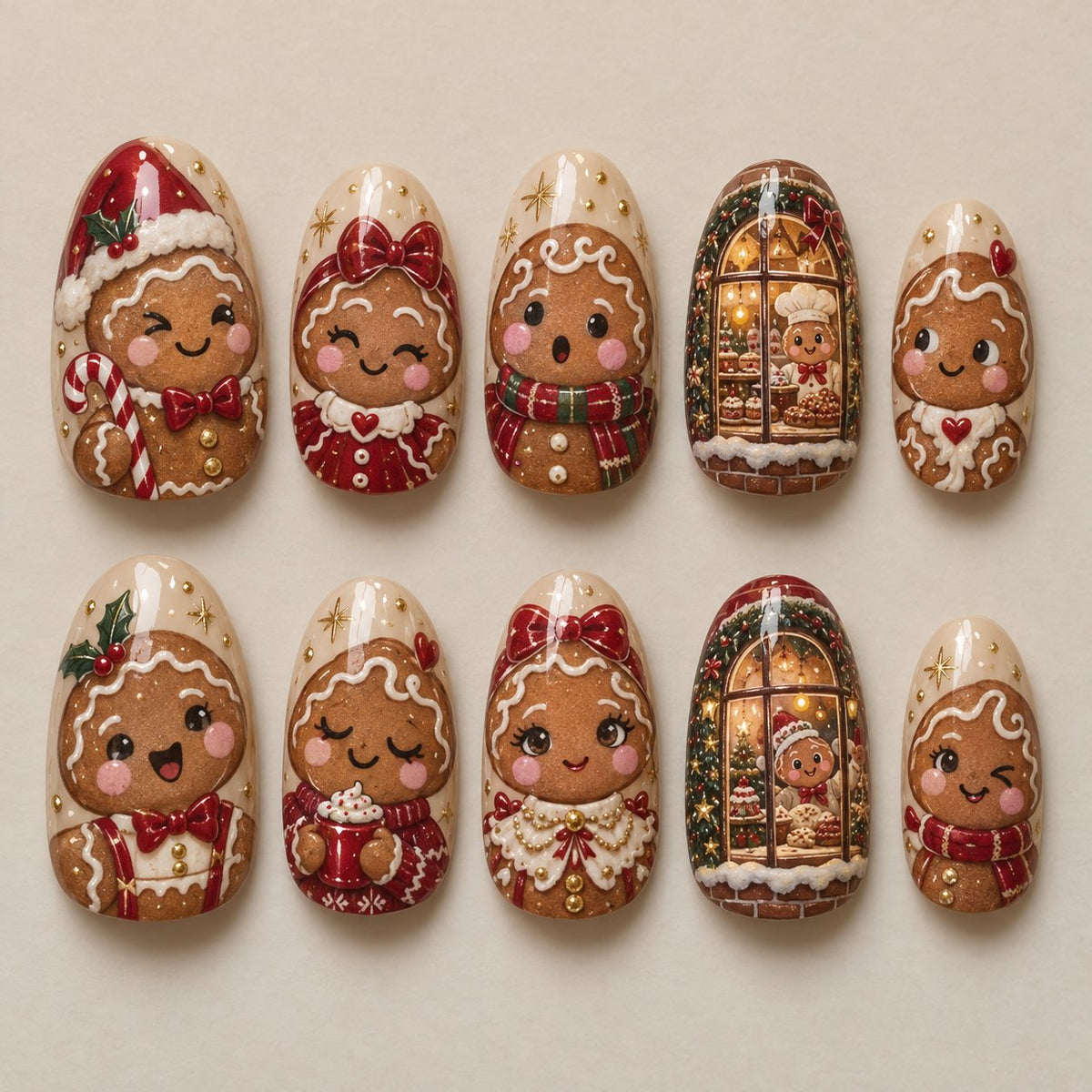 Gingerbread Character Christmas Nails With Bakery Window Scenes