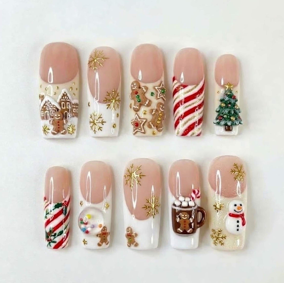 Gingerbread Christmas French Tip Nail Set With Hot Cocoa and Snowflakes