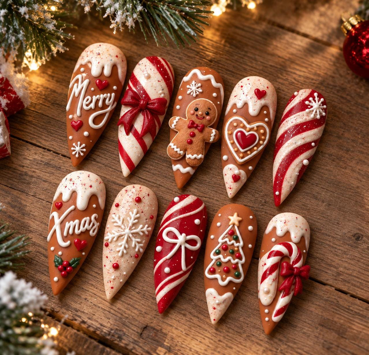 Gingerbread Christmas Nails with Candy Cane Stripes, Bows and 3D Icing Details