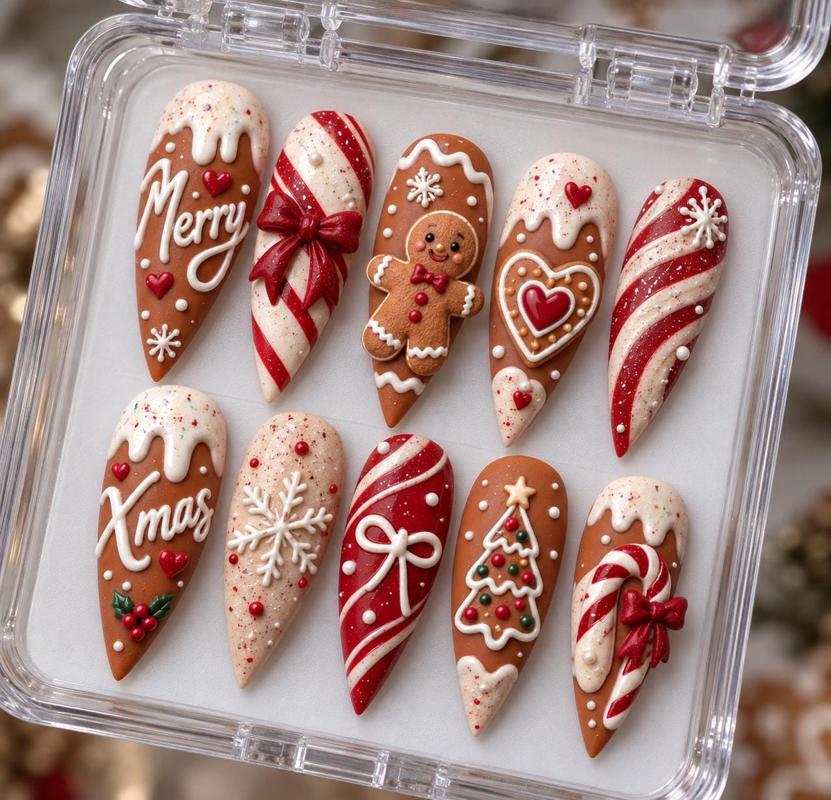 Gingerbread Christmas Nails with Candy Cane Stripes, Bows and 3D Icing Details