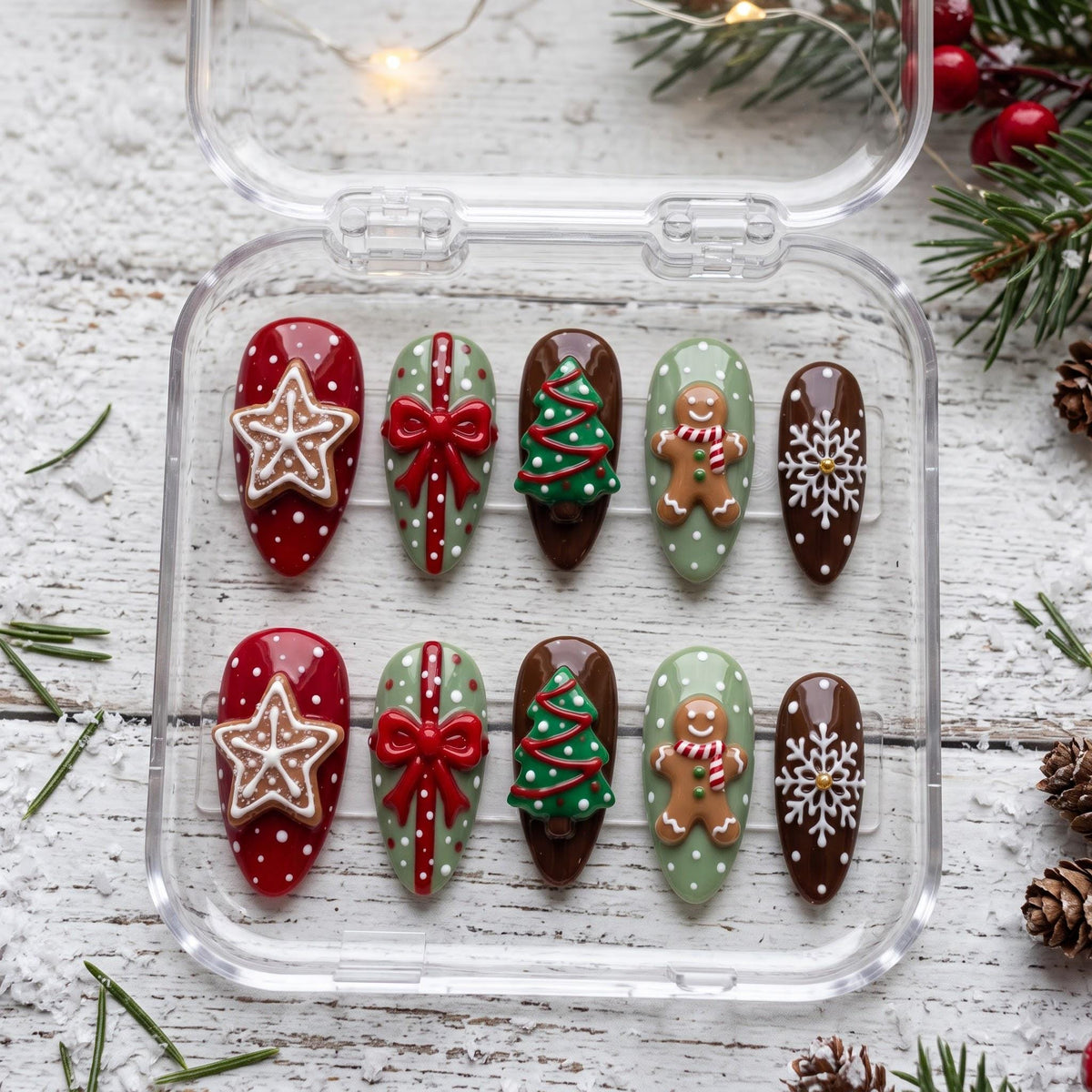 Gingerbread Christmas Nails With Cookie Stars, Bows, Trees, and Snowflakes