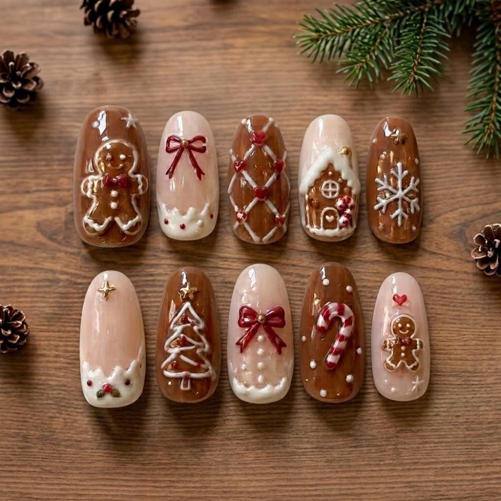 Gingerbread Christmas Nails With Icing Details, Bows and Candy Canes