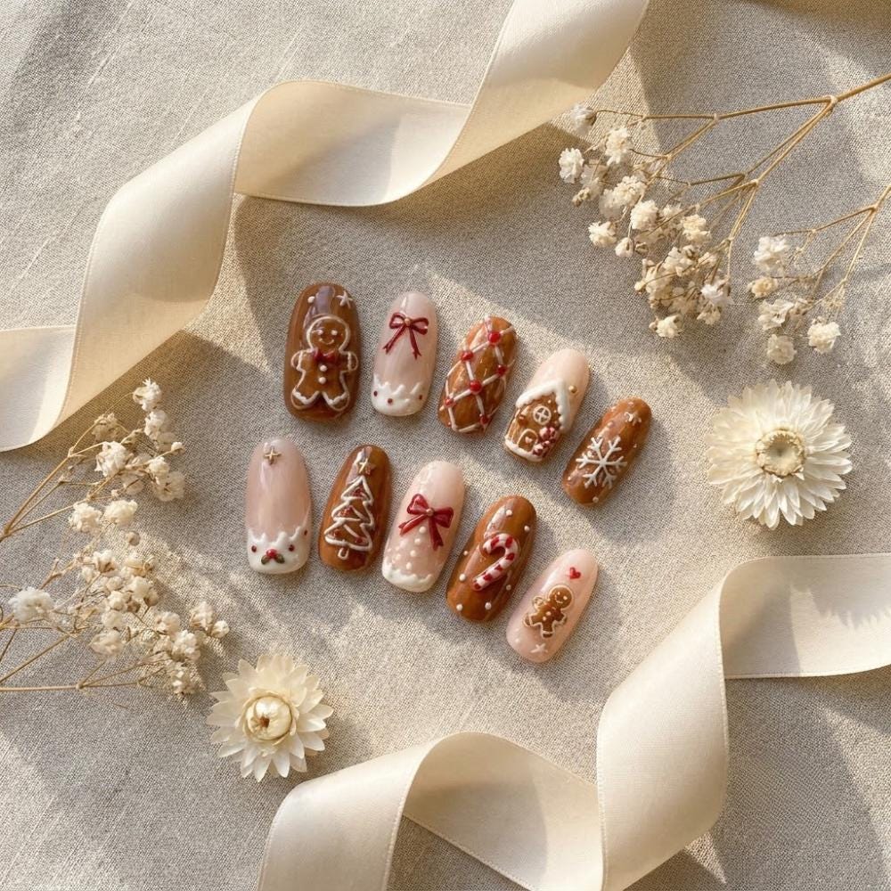 Gingerbread Christmas Nails With Icing Details, Bows and Candy Canes