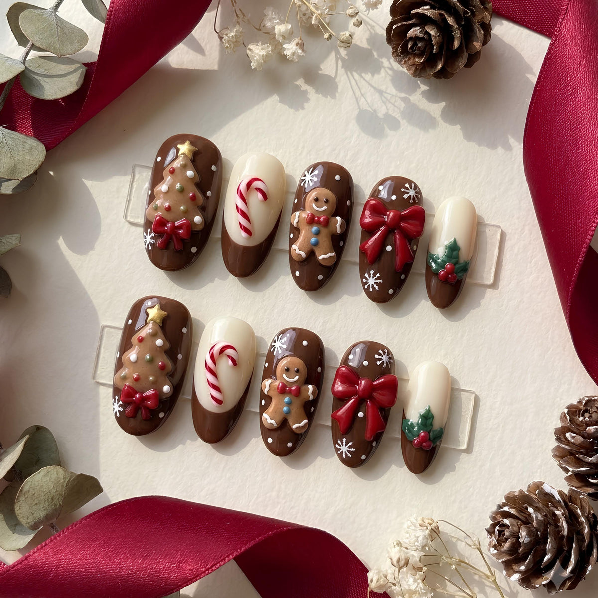 Gingerbread Christmas Press-On Nail Set With Candy Canes, Trees and Bows