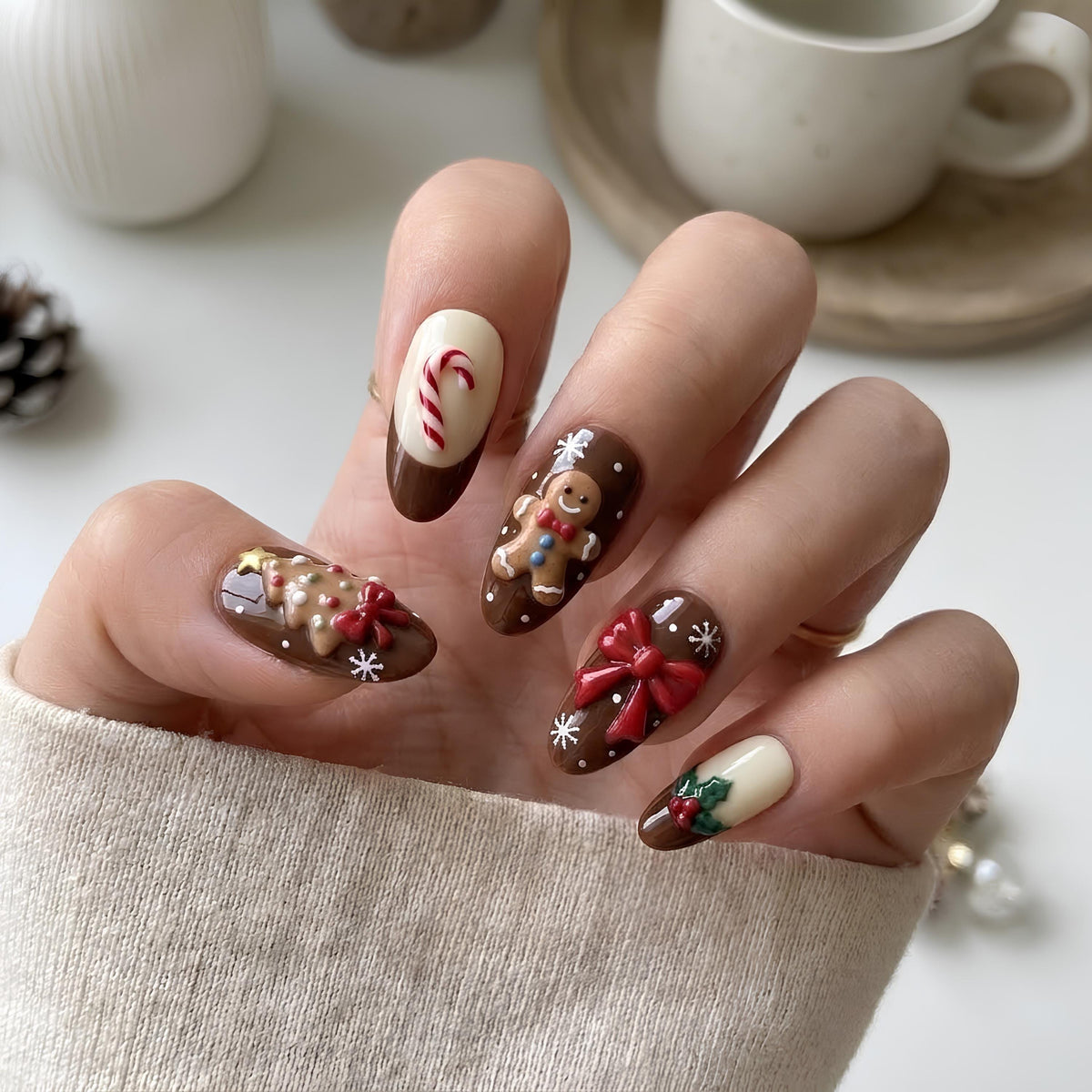 Gingerbread Christmas Press-On Nail Set With Candy Canes, Trees and Bows