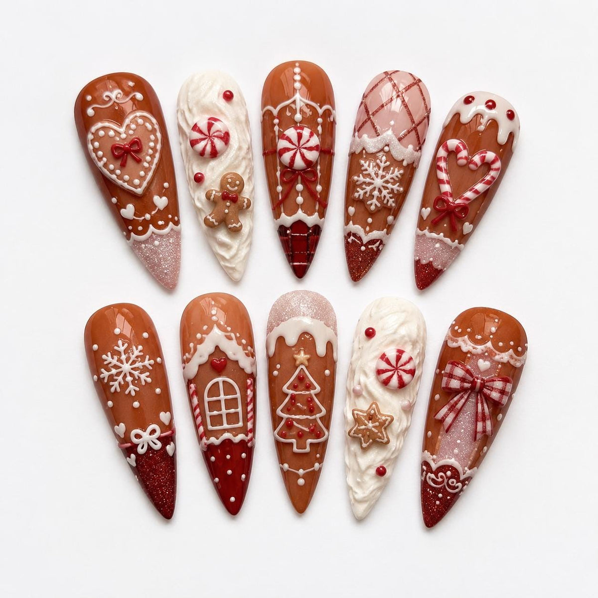 Gingerbread Christmas Press On Nails With Candy Canes, Peppermints and Snowflakes