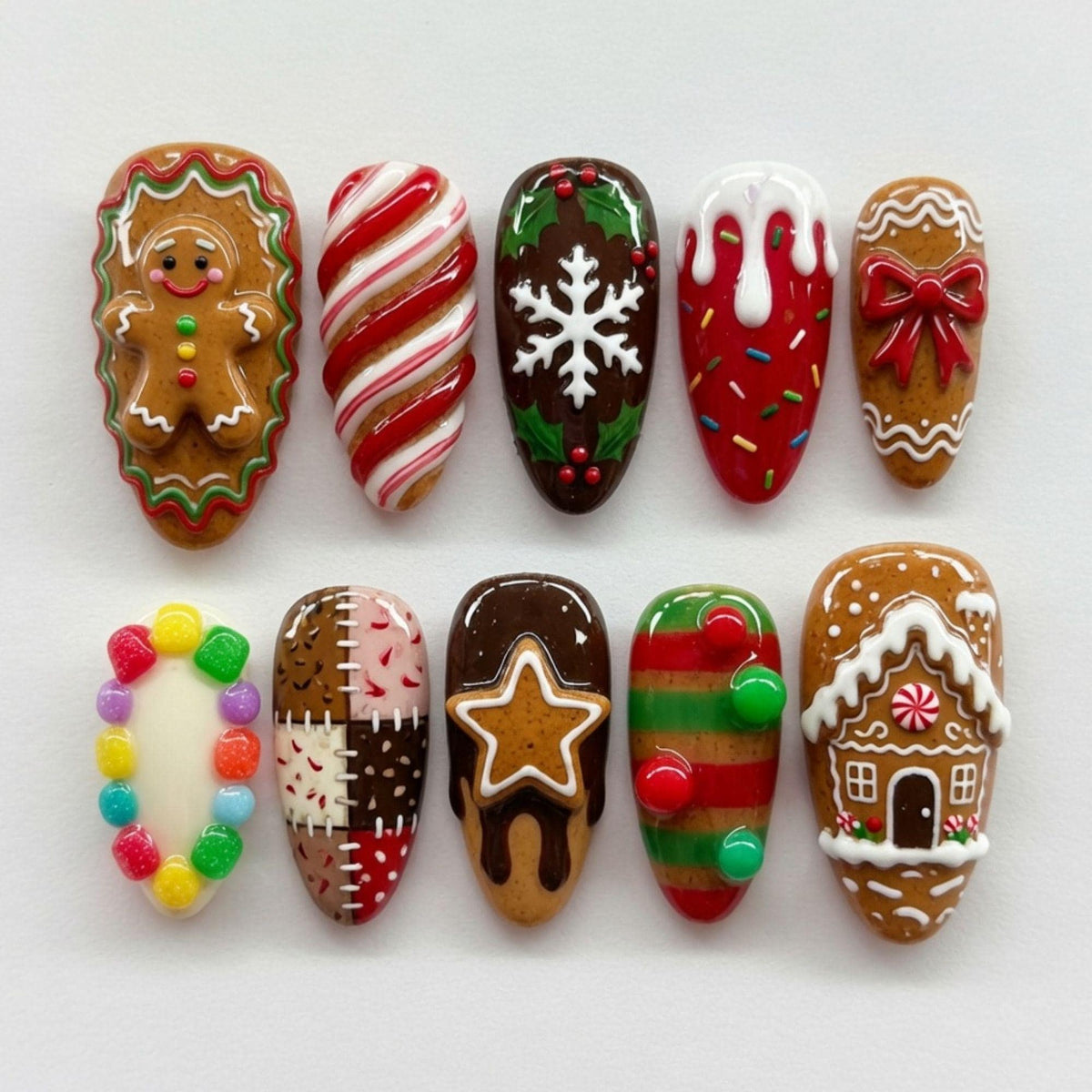 Gingerbread Christmas Press On Nails With Candy Cane and Iced Cookie Art