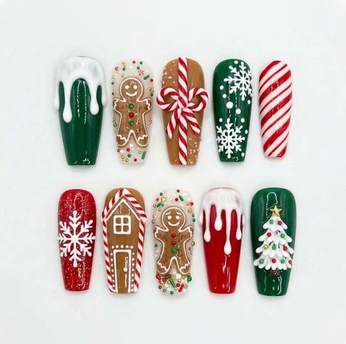Gingerbread Christmas Press On Nails With Candy Canes, Snowflakes & 3D Tree