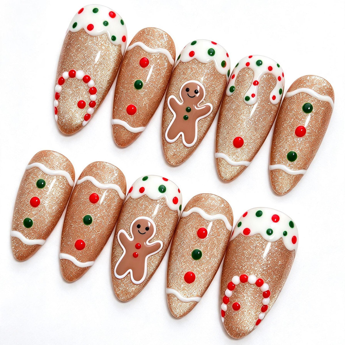 Gingerbread Christmas Press-On Nails With Rose-Gold Glitter and Icing Details