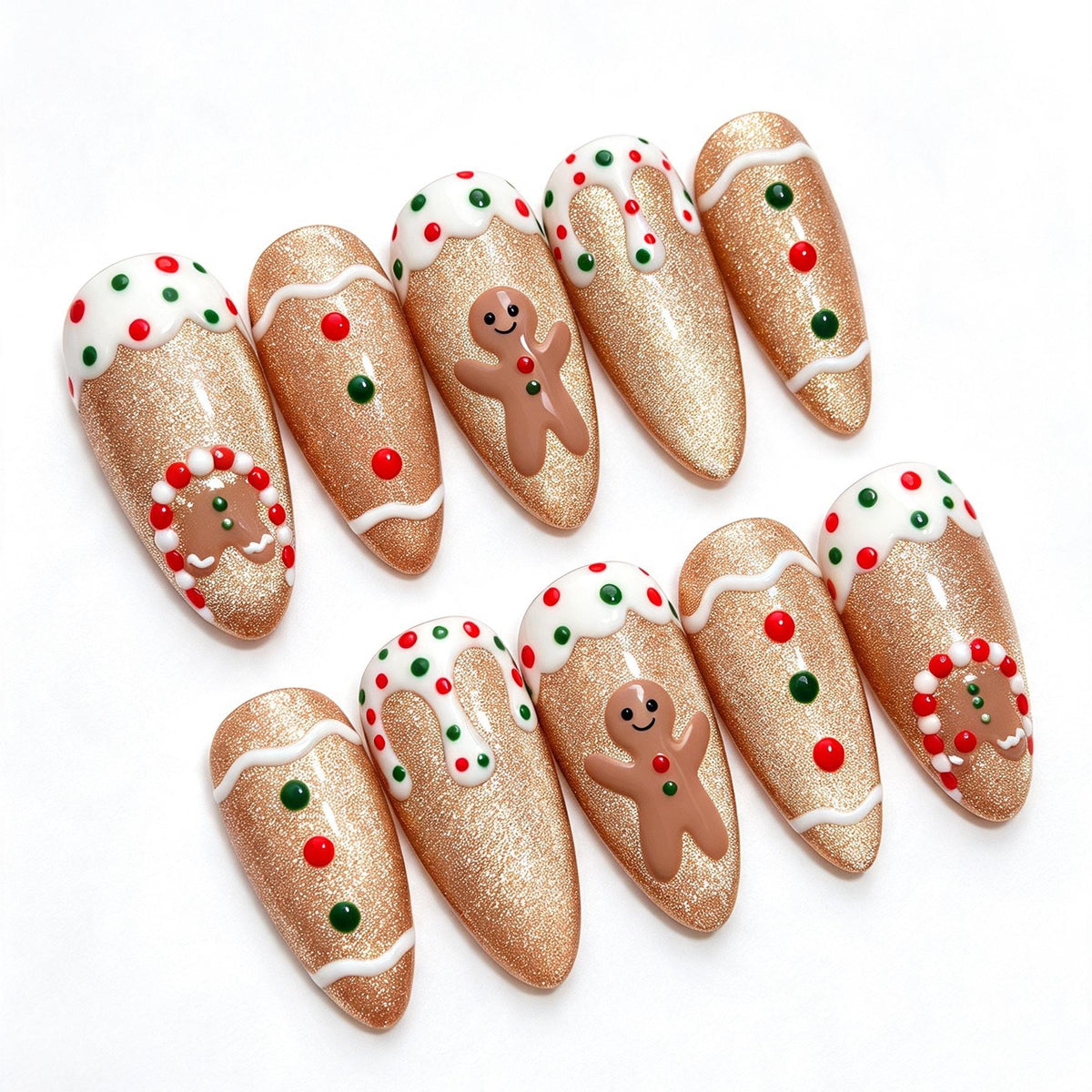 Gingerbread Christmas Press-On Nails With Rose-Gold Glitter and Icing Details