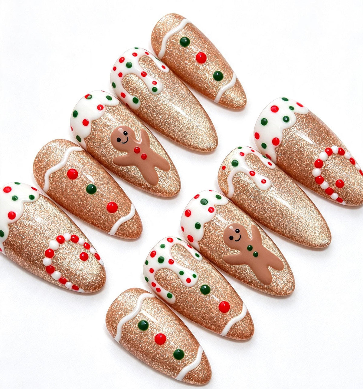 Gingerbread Christmas Press-On Nails With Rose-Gold Glitter and Icing Details