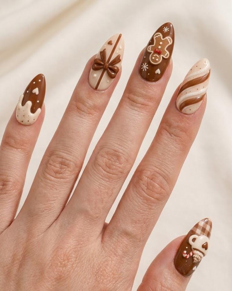 Gingerbread Coffee and Candy Cane Christmas Press-On Nails