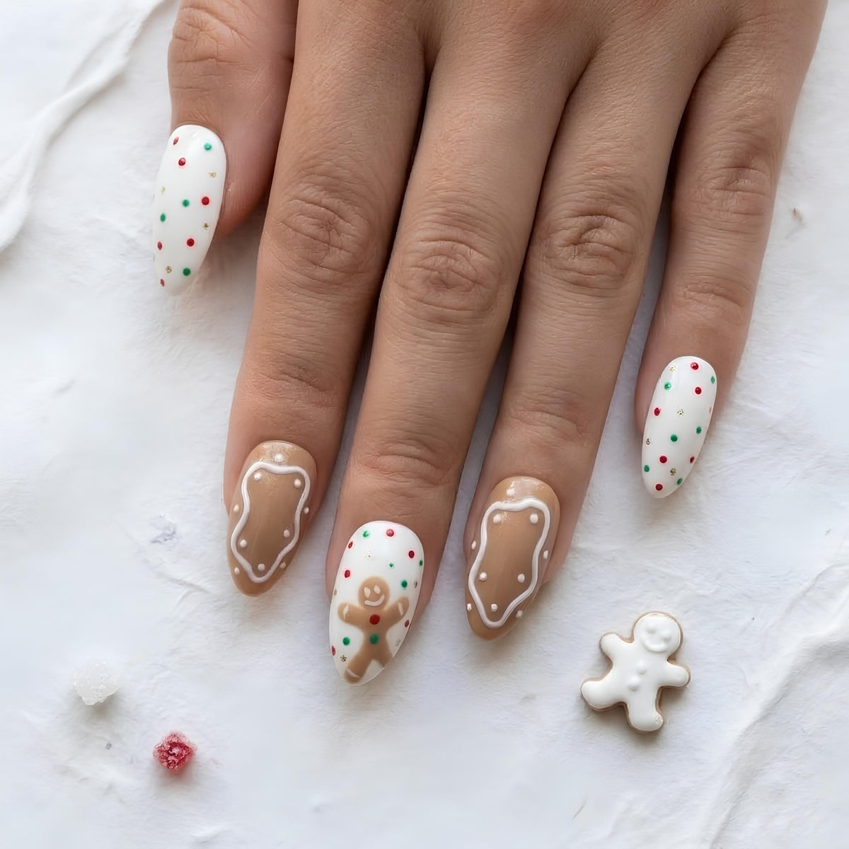 Gingerbread Man Nails With Icing Details and Festive Dots