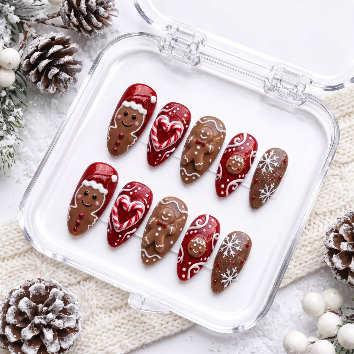 Gingerbread People and Candy Cane Heart Christmas Nail Set