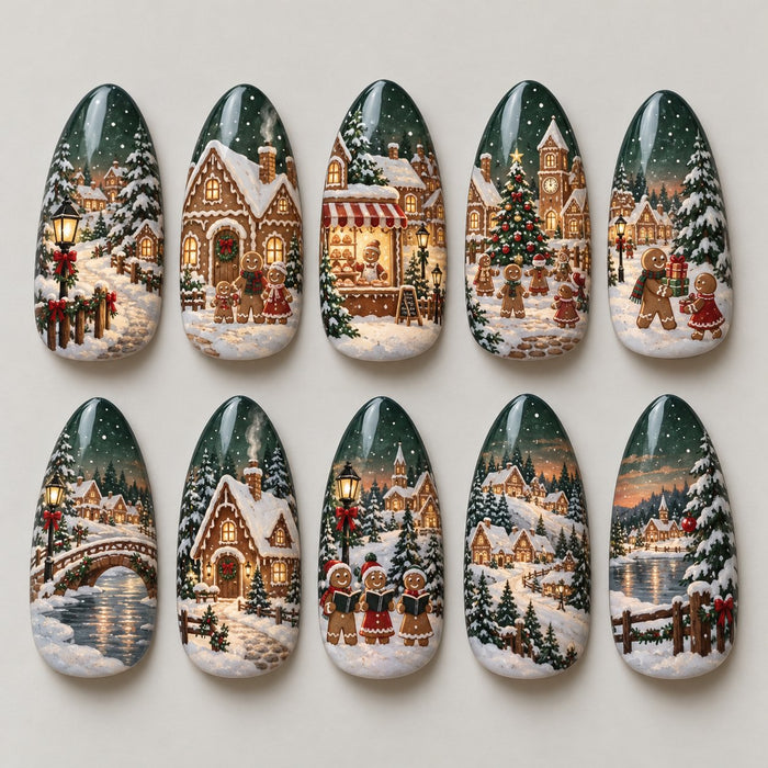 Gingerbread Village Winter Scene Press On Nails